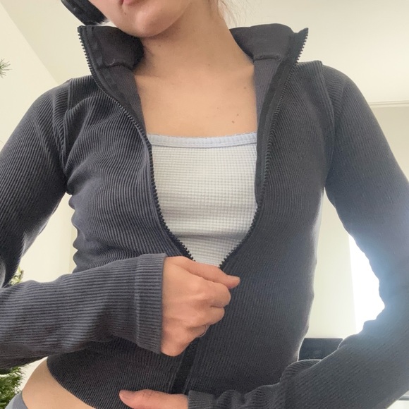 Grey Ribbed Zip-Up Jacket - Picture 2 of 6